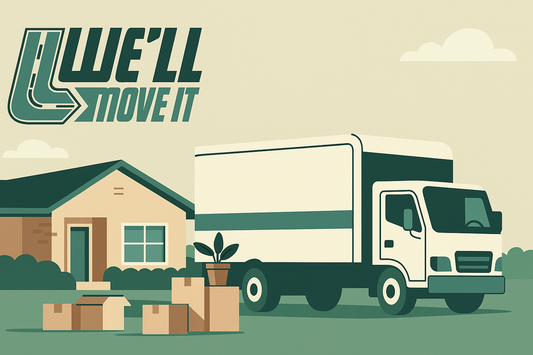 We’ll Move It logo featured above a moving truck and boxes in front of a Florida-style home, promoting long-distance moving services